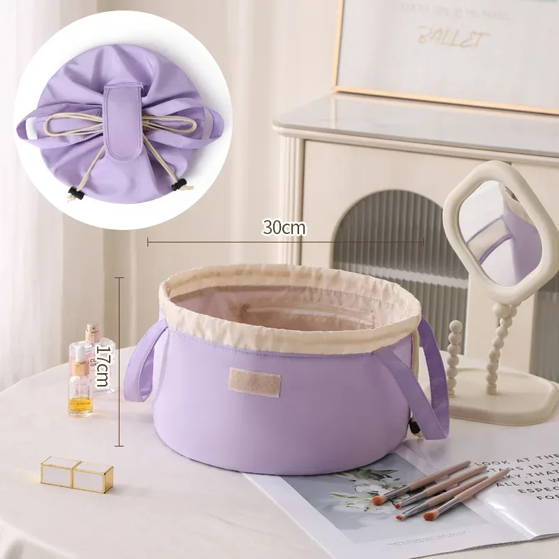 sac de maquillage portable grande capacité avec cordon de serrage, trousse de toilette de voyage, sac de rangement pour pinceaux cosmétiques tendance, en polyester, forme cubique