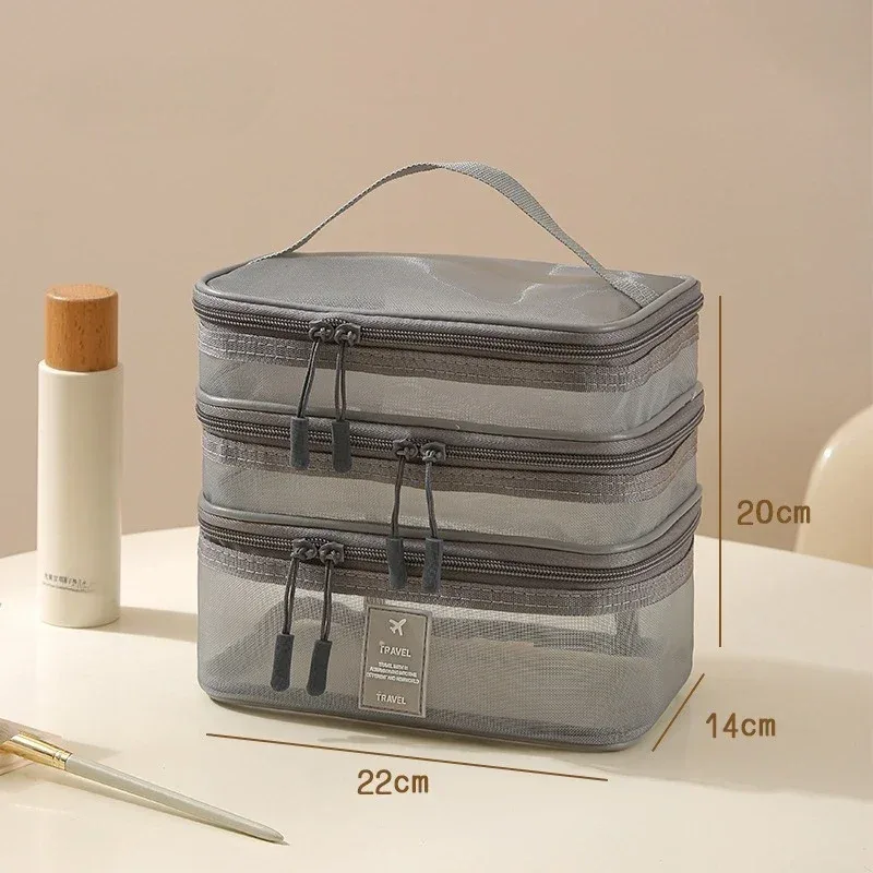 nouvelle trousse de toilette en maille, trousse de maquillage de voyage grande capacité à 3 couches, sac de rangement portable pour voyages d'affaires zy524