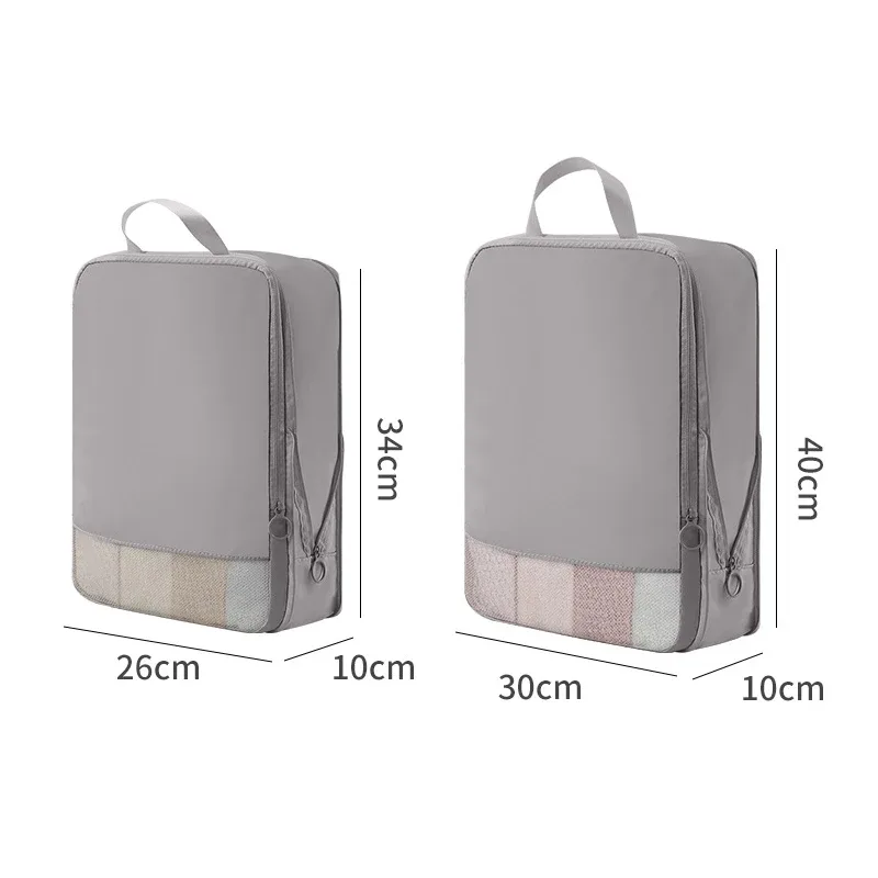 organisateur voyage polyester beige bandes verticales poignées latérales compresseur sac chaussures pochette rangement housse vêtements kaki rose