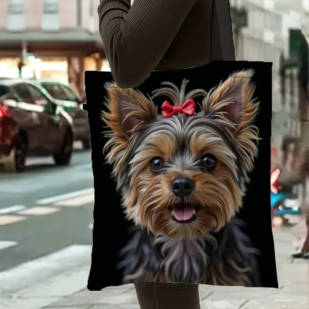 sac fourre-tout chic à imprimé chien, 1 pièce, en polyester, avec adorable motif yorkie, réutilisable pour femme, sac à bandoulière décontracté