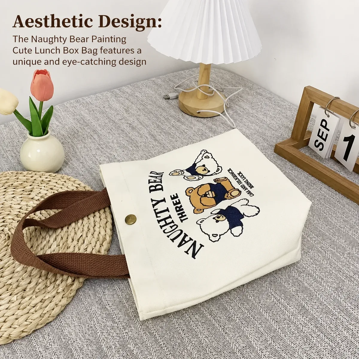 sac en toile avec imprimé ours, sac à main polyvalent pour femme, idéal pour étudiantes, bureau, sac à bento, sac à main, sac de voyage, cadeau idéal.