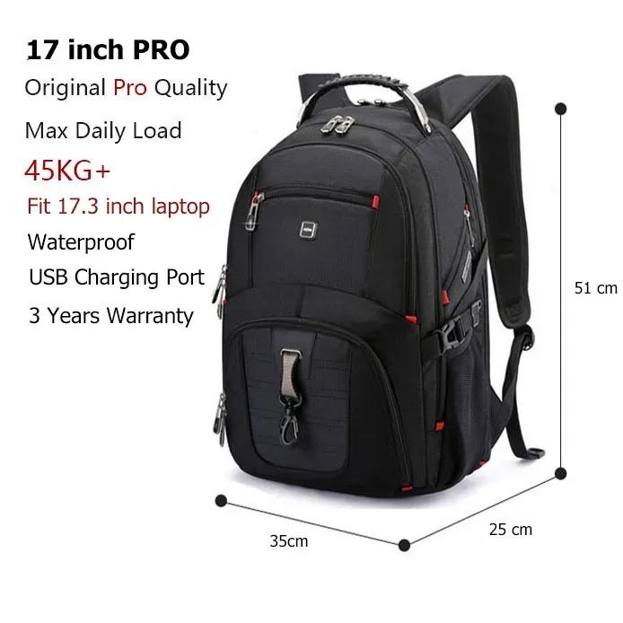 sac à dos multifonctionnel suisse pour ordinateur portable 17 pouces, sac de voyage, sac à livres d'université avec port de chargement usb, résistant à l'eau
