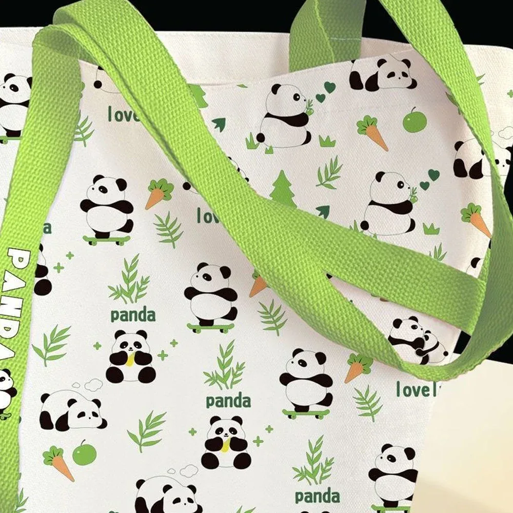 sac fourre-tout happy panda cartoon, sac en toile élégant et mignon, sac de transport polyvalent à épaule ouverte pour femmes