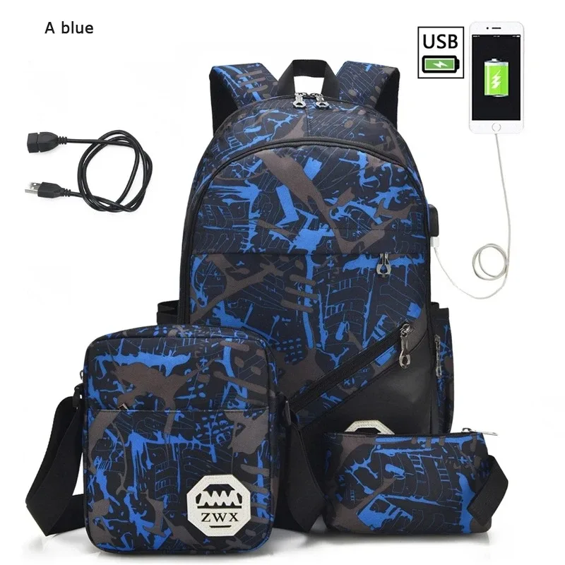 sac à dos usb 3 pièces/ensemble pour homme et femme, accessoire de voyage et d'école pour lycéen