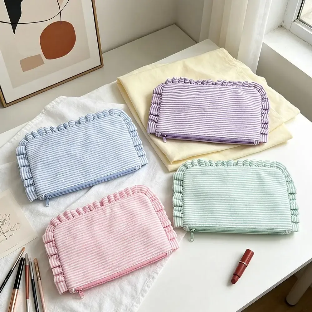 sac de maquillage à rayures à volants durable, grande capacité, pochette cosmétique portable, trousse de toilette, cadeau