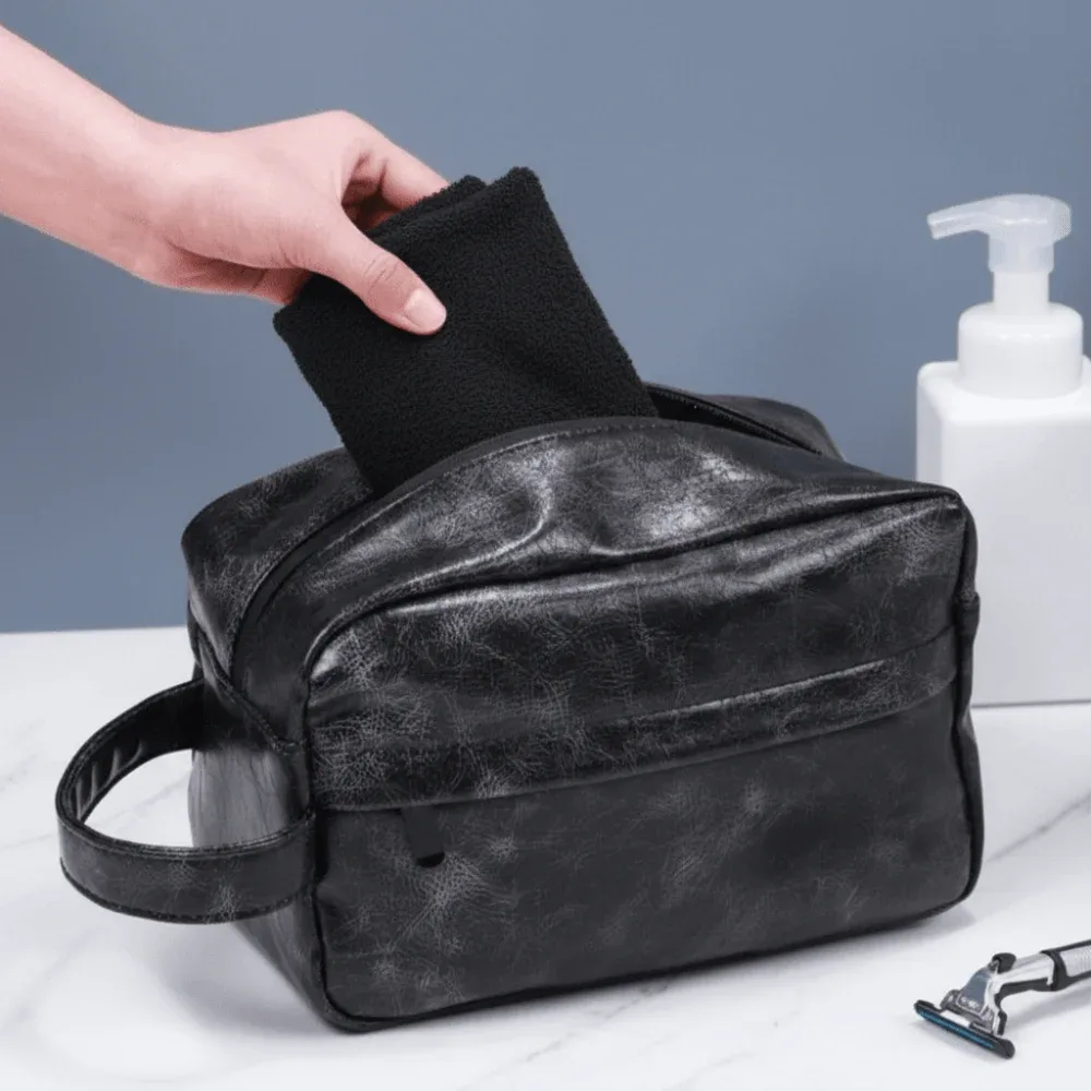 trousse de toilette imperméable pour homme en cuir pu, design portable, grande capacité, rangement simple, organisateur d'outils de rasage, voyage