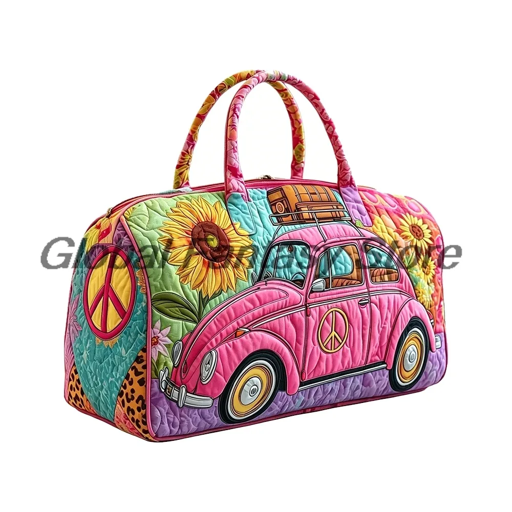 sac de voyage matelassé hippie van 2026 avec imprimé signe de la paix, sac fourre-tout pour voyages en voiture, sac à main pour femmes et hommes, sac de week-end pour activités de plein air