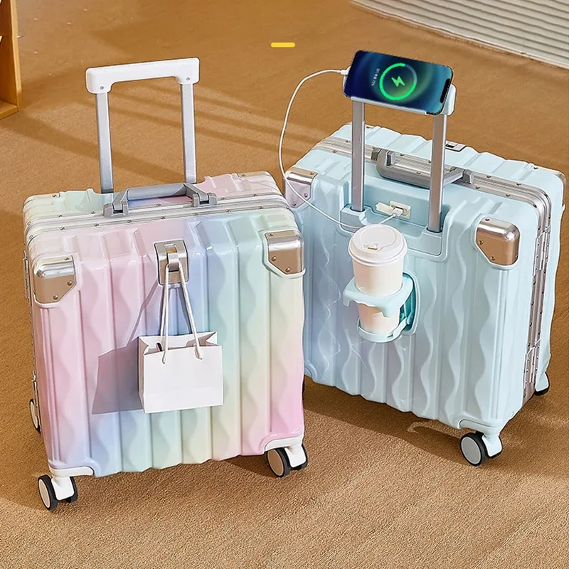 valise 18 "20" mot de passe boîtier de chariot valise cabine de voyage petit bagage avec porte-gobelet usb support pour téléphone valise bagage de voyage
