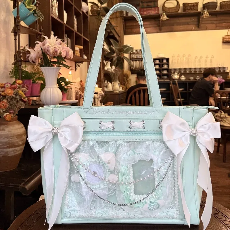 sac messager en cuir pu série sc mine, sac fourre-tout avec nœud en strass, ruban et pendentif perle, grande capacité, itabag bidimensionnel pour femme