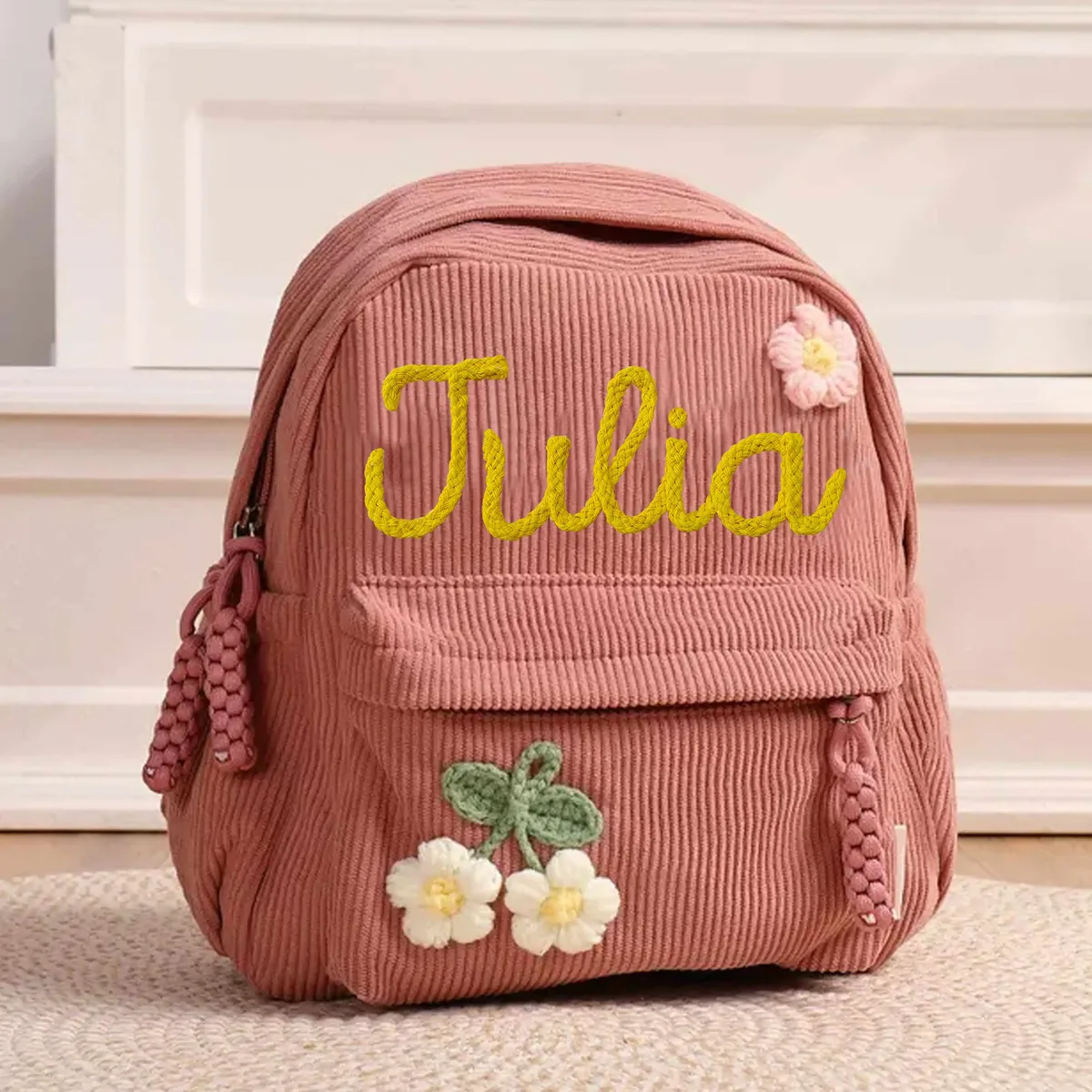 sac à dos en velours côtelé personnalisé 1 pièce, lettres brodées à la main, décorations florales/animales, cadeau idéal.