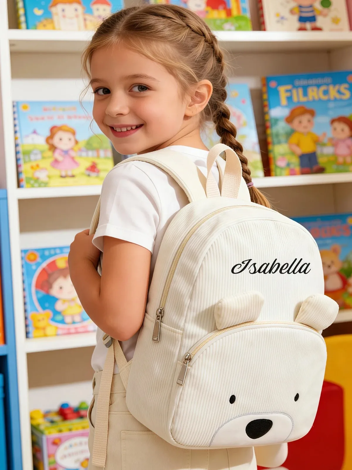 sac à dos de maternelle en velours côtelé, broderie mignonne, nom personnalisé, cartable pour filles et garçons, idéal pour l'école, les voyages quotidiens, cadeau adorable pour enfants.