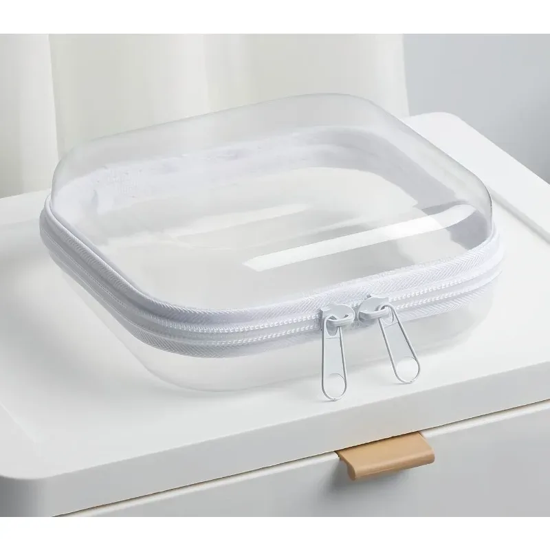 trousse toilette pvc transparente beige accessoires maquillage voyage organisation cosmétiques bijoux portable rectangulaire sécurisée zip double