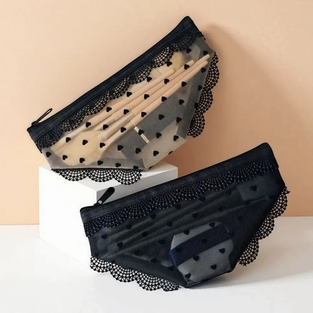 pochette de rangement cosmétique unique en forme de slip, en maille dentelle cœur, transparente, style y2k, pour maquillage et articles de toilette de voyage