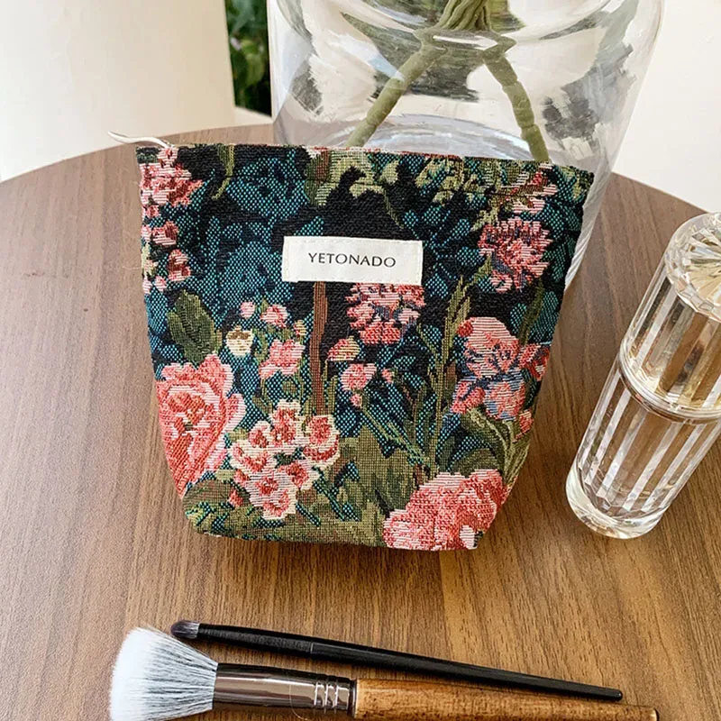 ins style vintage fleurs sac cosmétique portable main sac cosmétique voyage trousse de toilette sac de rangement outils de maquillage pochette de rangement