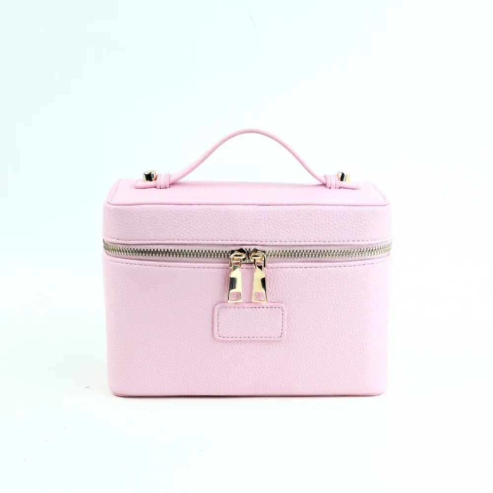 pochette à maquillage personnalisée en cuir pu avec compartiments, grande capacité, et inclut une trousse de maquillage.