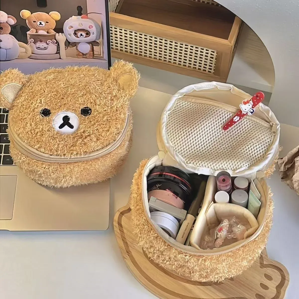 trousse de maquillage en peluche ours anime relaxant, sac cosmétique mignon kawaii, organisateur de toilette, sac de rangement pour bijoux et appareil photo ccd, cadeau, ventes flash