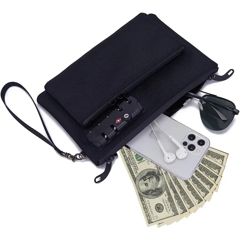 sac d'argent à verrouillage sécurisé avec fermeture à glissière, organisateur double couche pour passeports, espèces, affaires, sac bancaire à verrouillage de voyage