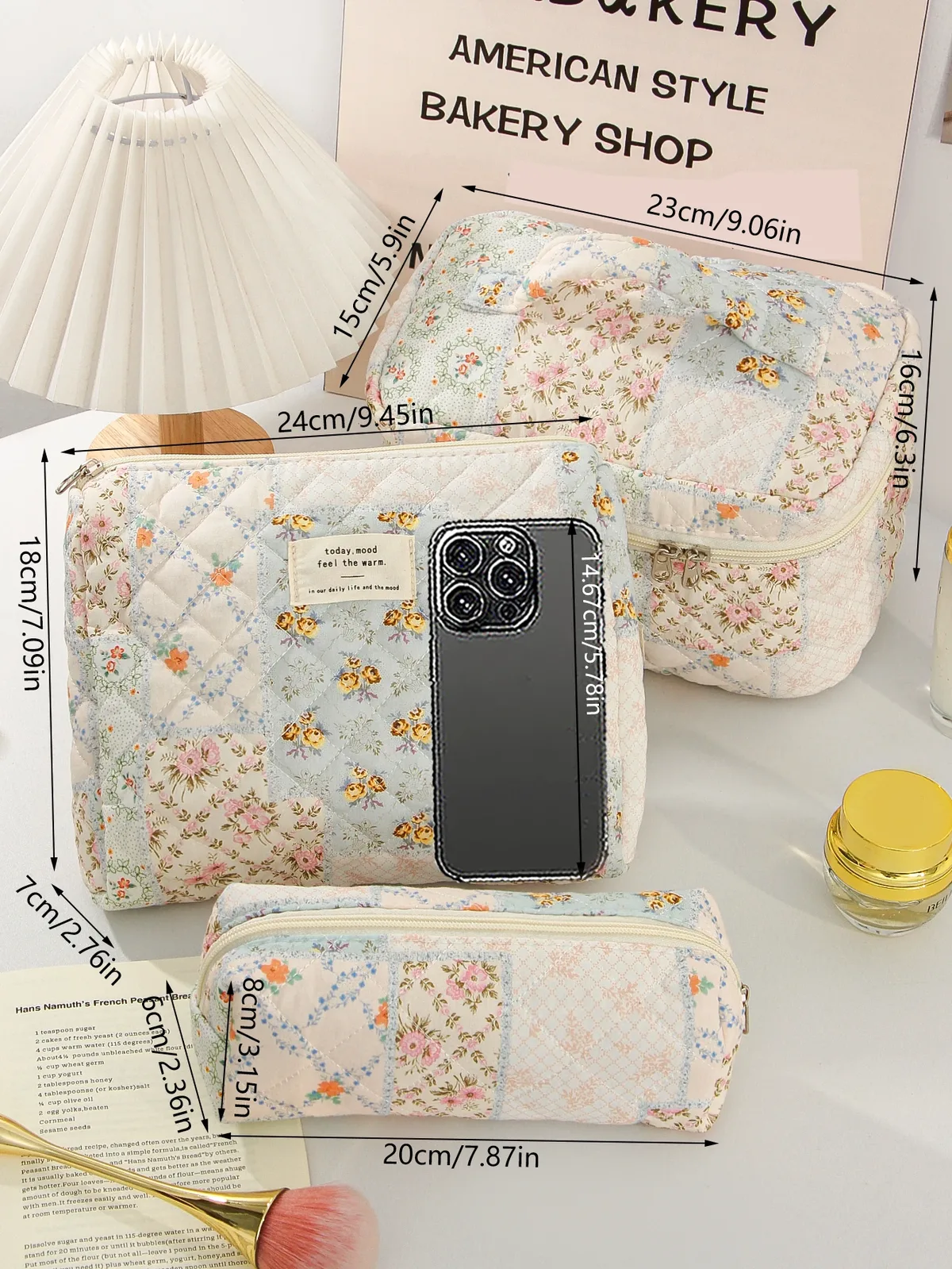 trousse de maquillage matelassée à fleurs assorties, trousse de toilette de voyage de grande capacité, trousse de maquillage portable à la mode, 1 pièce/ensemble