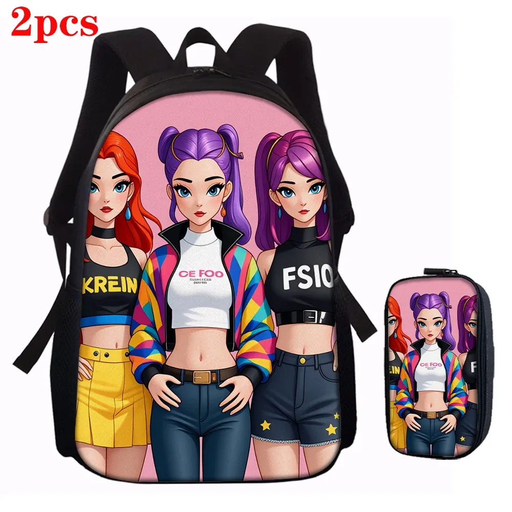sac dos polyester dessin animes personnages stylisés fonds rose noirs accents couleurs vivantes transport journalier