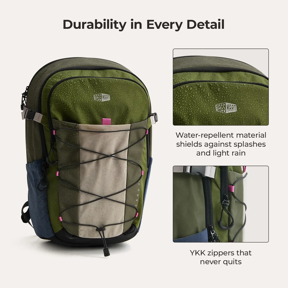 sac dos nylon vert olive gris bleu rose robuste décontracté randonnée voyage polyvalent ordinateur portable compartiment rembourré fermeture éclair ykk pockets extérieurs