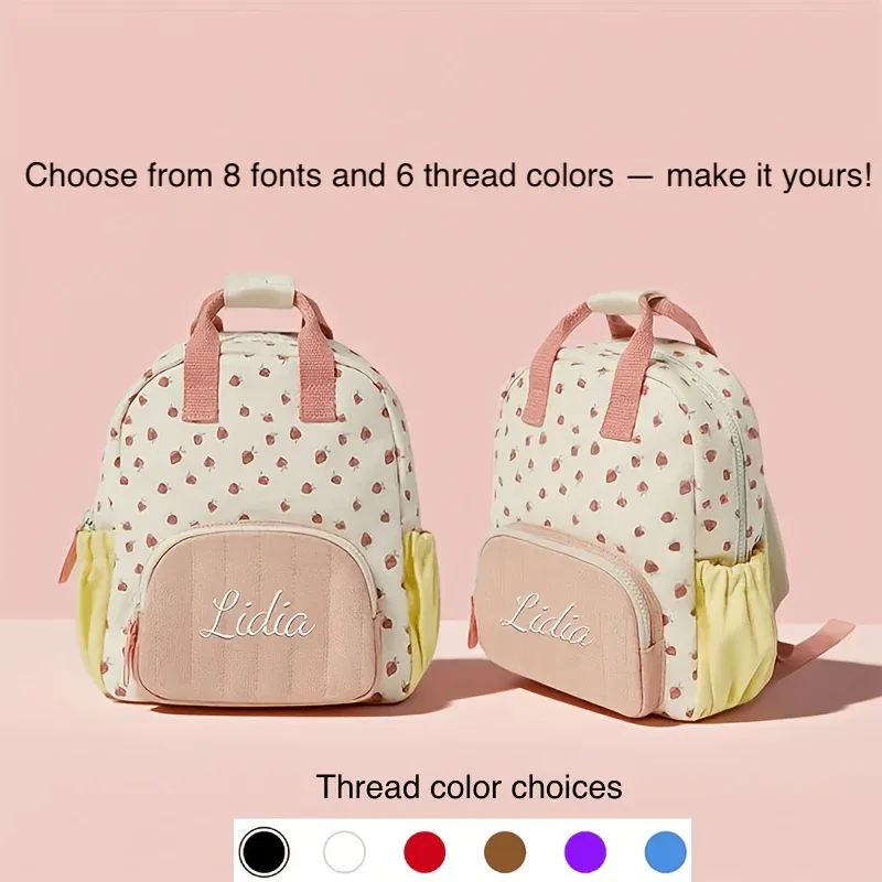 Sac à dos scolaire personnalisé avec broderie de nom, motif fraise, pour filles, sac d'école maternelle, sac à main, sacs de voyage quotidiens pour adolescents, filles, garçons et enfants