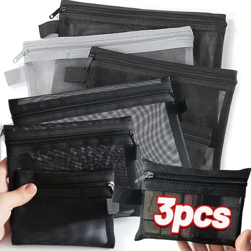 sacs à cosmétiques transparents en maille, petit grand sac de maquillage noir, étui de rangement de toilette de voyage portable, pochette de rangement de rouge à lèvres 1/3 pièces