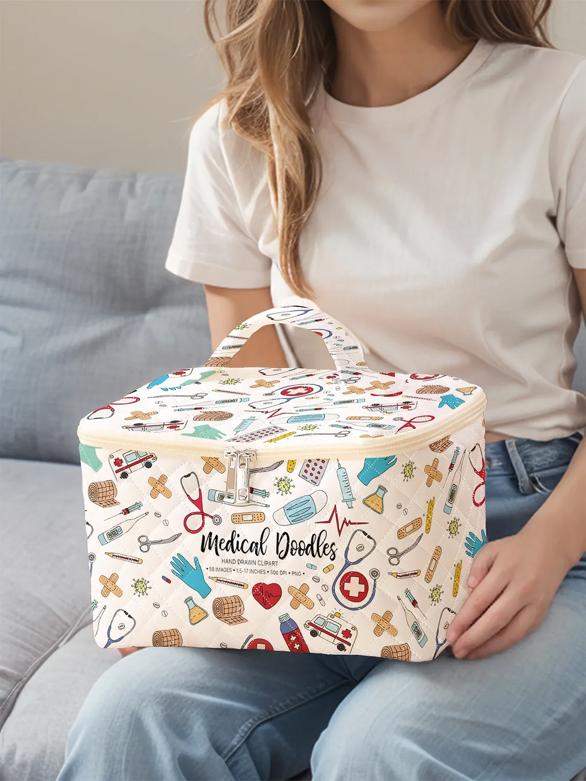 trousse polyester cosmétiques motifs médicaux blanc voyage petite taille maquillage seringues bandages stéthoscopes ambulances