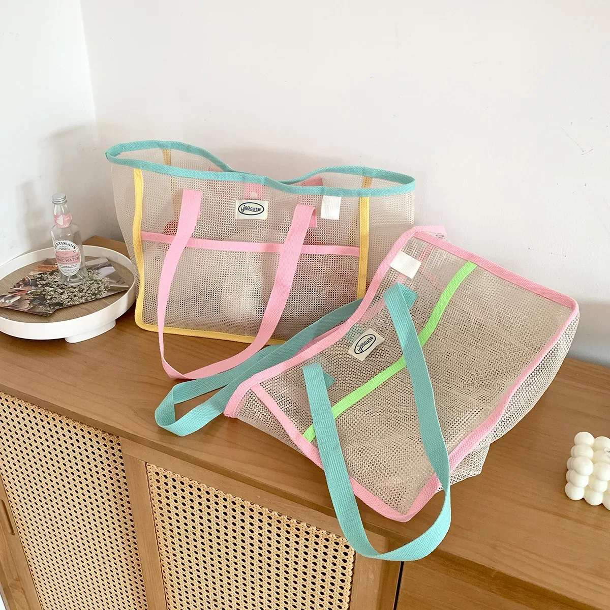 sac fourre-tout en maille mignon, sac de plage portable, respirant, à séchage rapide, pliable, grande capacité, sac à bandoulière pour femmes et filles