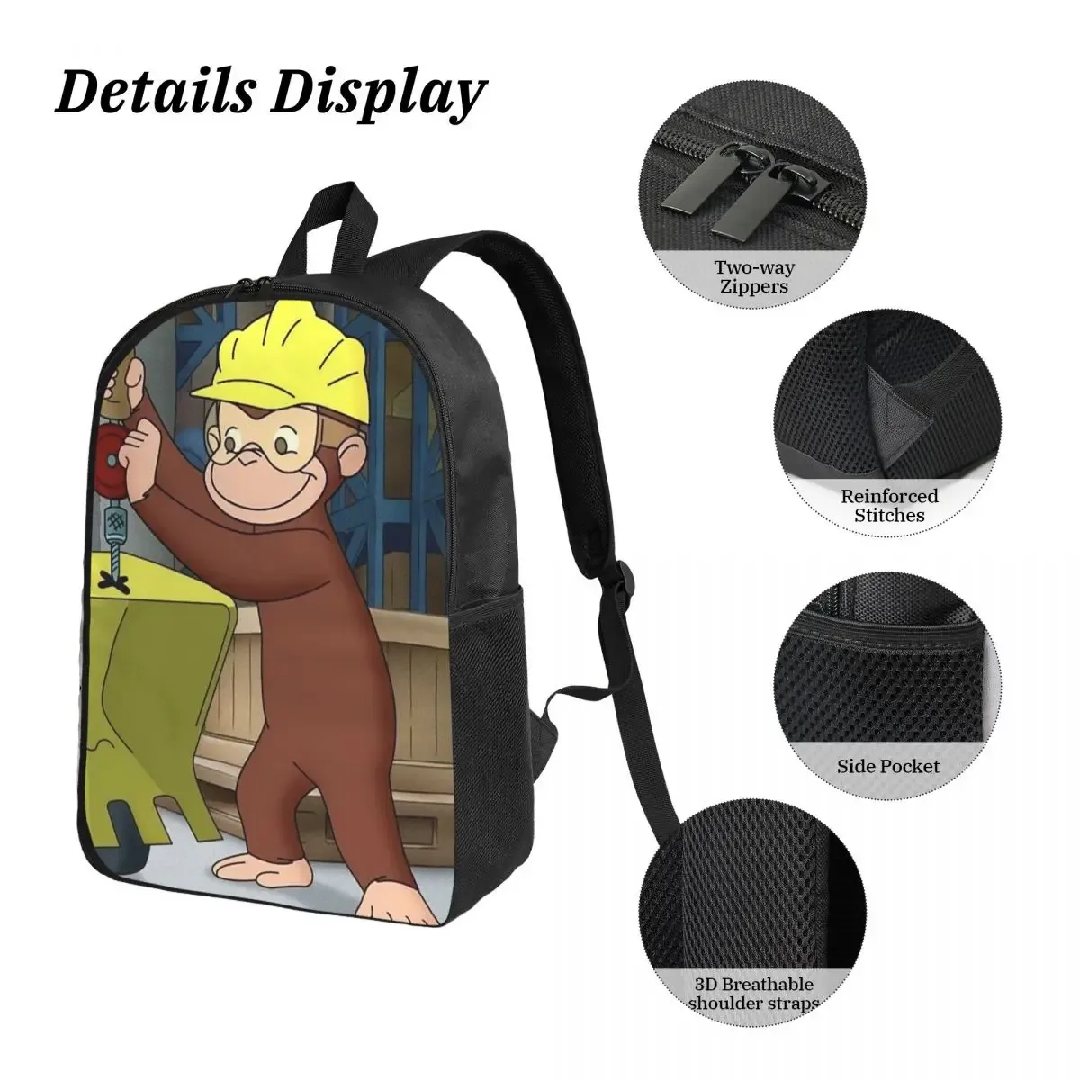 sac à dos anime curious george monkey, sac à livres pour étudiants, sac d'école, sacs à bandoulière pour ordinateur portable, sac à déjeuner isotherme, trousse à crayons, 3 pièces