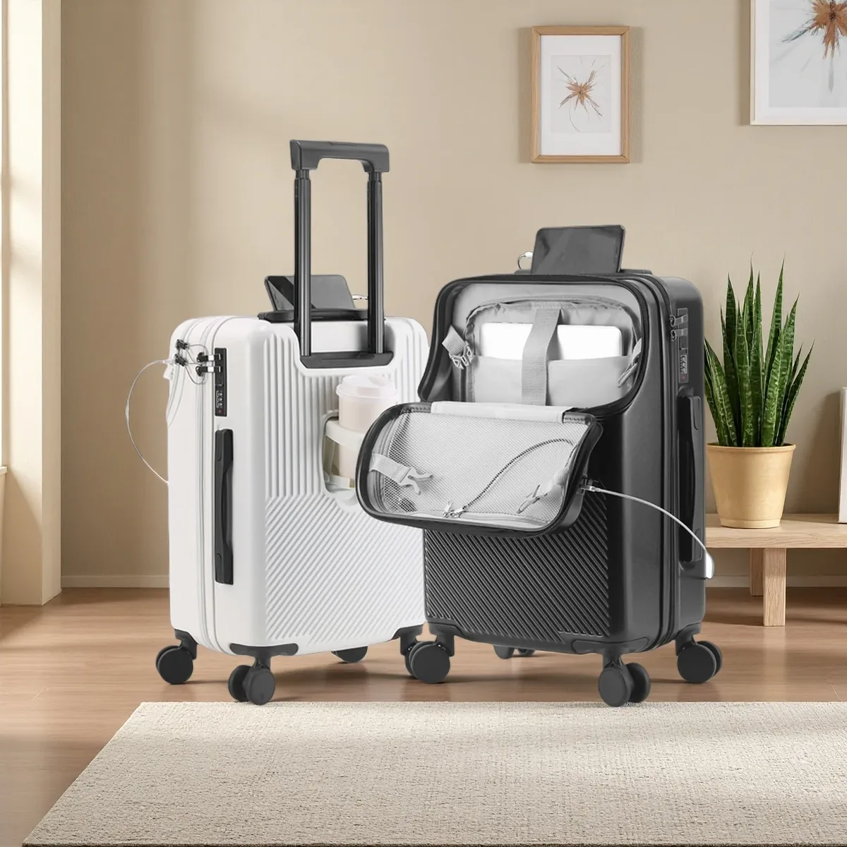 valise multifonctionnelle à ouverture frontale avec fermeture éclair, porte-gobelet, support latéral et crochet de maintien, bagage à roulettes