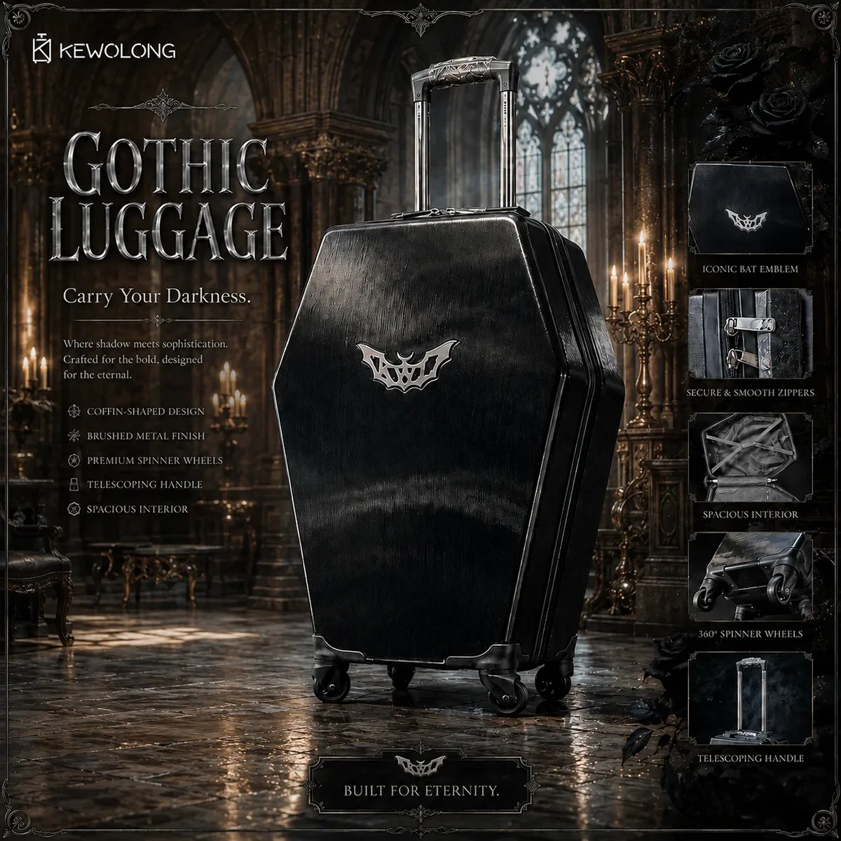 Valise trolley rigide de 20 pouces en forme de cercueil gothique, avec roues pivotantes, pour la sub-culture gothique et la mode alternative