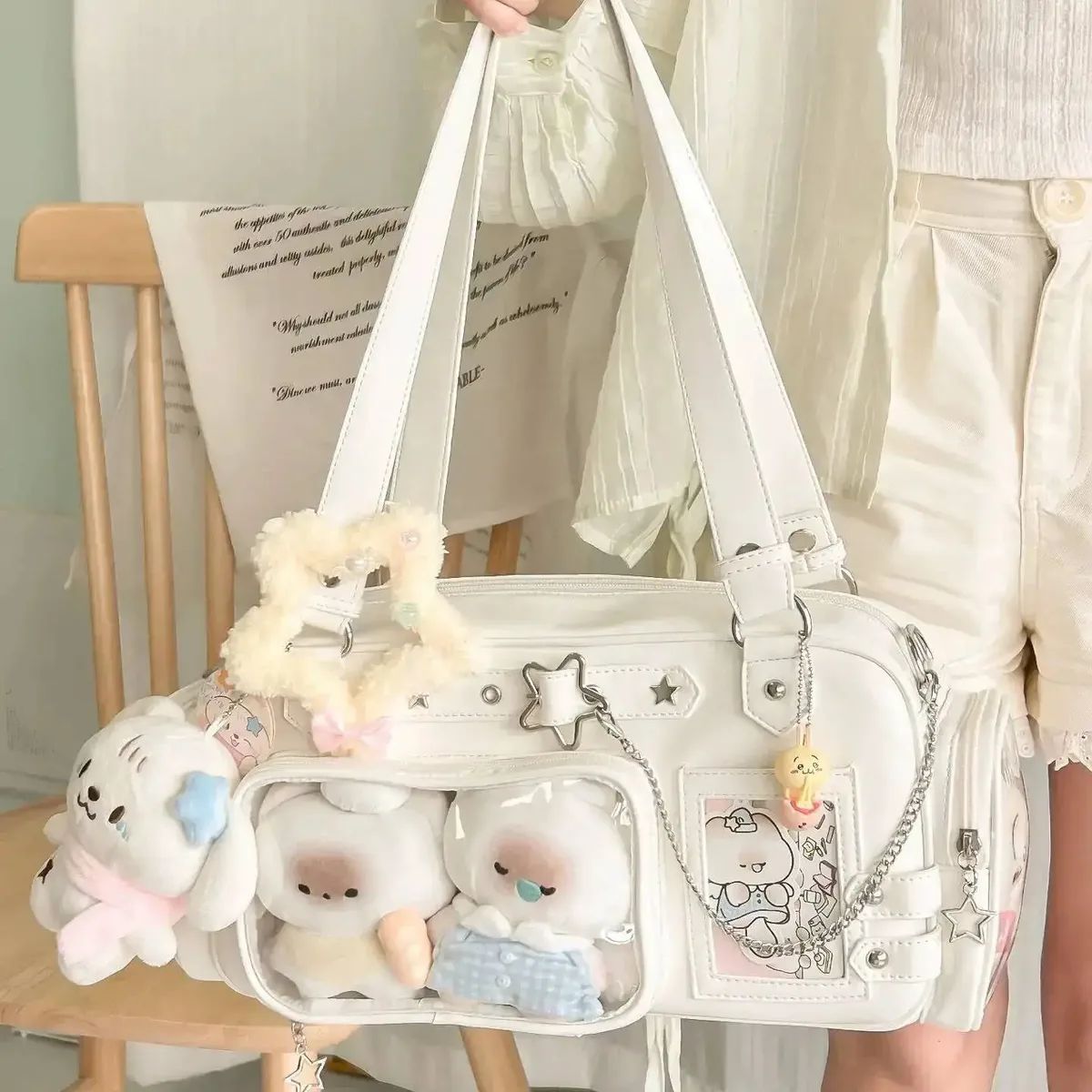 nouveau y2k étoile chaîne ita sac mignon fille bande dessinée exposition sac à bandoulière transparent grande capacité sac à bandoulière bricolage affichage sacs à main