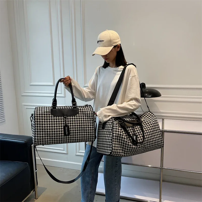 Sac de voyage pied-de-poule pour femme, grand sac de sport, sac de sport, sac à main de week-end, sacs à bandoulière initiés, cubes d'emballage, fourre-tout