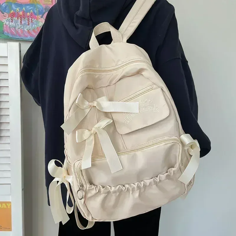 Sac Dos Nylon Beige Blanc Poche Ouvrée Broderie Préppy Grande Capacité Voyage École Adolescente Femmes