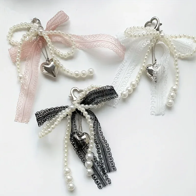 porte-clés nœud en dentelle et perles, nœud en perles pour femme, porte-clés pendentif de sac, porte-clés breloque pour sac à dos, pendentif de sac en forme de cœur, porte-clés à perles, pendentif nœud, accessoires de porte-clés pour cadeaux, portefeuilles, sacs, sacs à dos, sacs à main