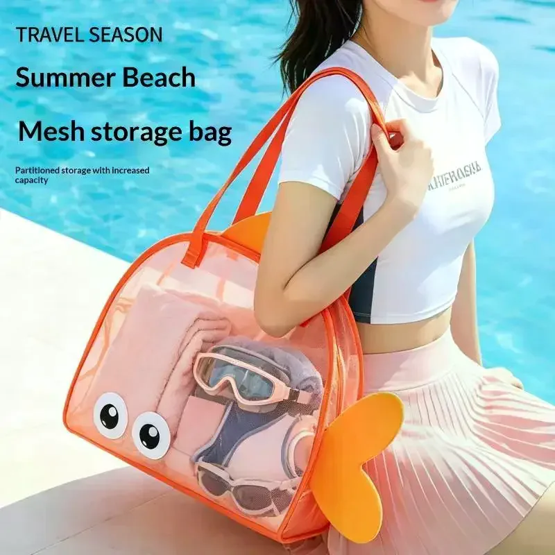 sac de rangement de grande capacité à motif de dessin animé, pliable, respirant, en maille, pochette organisatrice pour jouets de pêche à la sable, pour voyage et sports de plein air