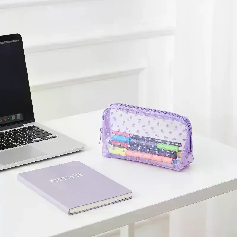 sac de maquillage en maille transparente en forme de cœur, pochette de rangement multifonction portable pour femmes, pochette de toilette pour dames, sacs organisateurs de rouge à lèvres