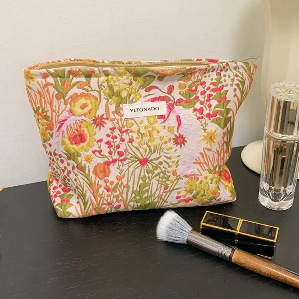 pochette en toile de polyester à motif floral, grande capacité, fermeture éclair, pochette de rangement cosmétique portable à motif floral