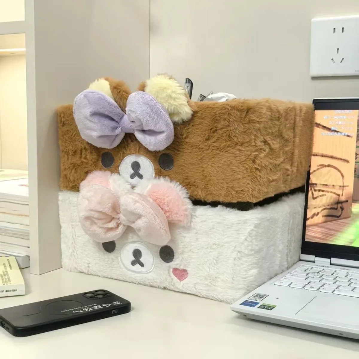 mignon organisateur de bureau en peluche grande taille pour enfants et femmes, motif ours rilakkuma korilakkuma, boîte à maquillage et sacs cosmétiques