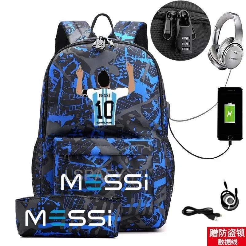 sac à dos messi tendance (lot de 2) – anti-vol, unisexe, simple, pour ordinateur portable, avec port usb, grande capacité, idéal pour les voyages, l'école, les garçons et les filles