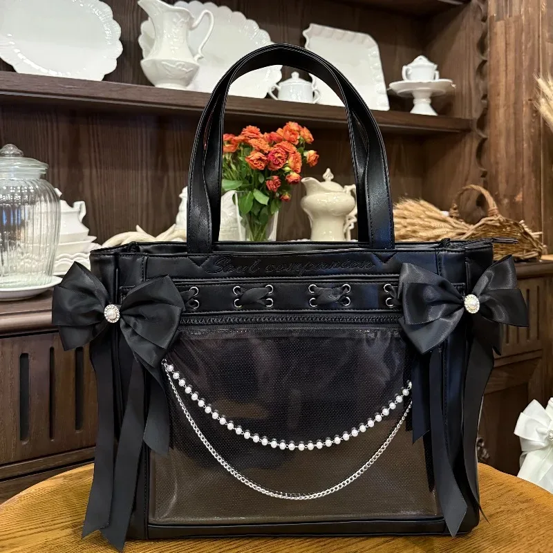 sac messager en cuir pu série sc mine, sac fourre-tout avec nœud en strass, ruban et pendentif perle, grande capacité, itabag bidimensionnel pour femme