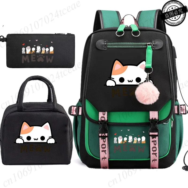 sac à dos scolaire pour adolescents, sac à dos quotidien pour étudiants, sac à dos pour filles, sac à dos scolaire à motif de chat noir, avec sac à lunch et trousse à crayons, 3 pièces/ensemble