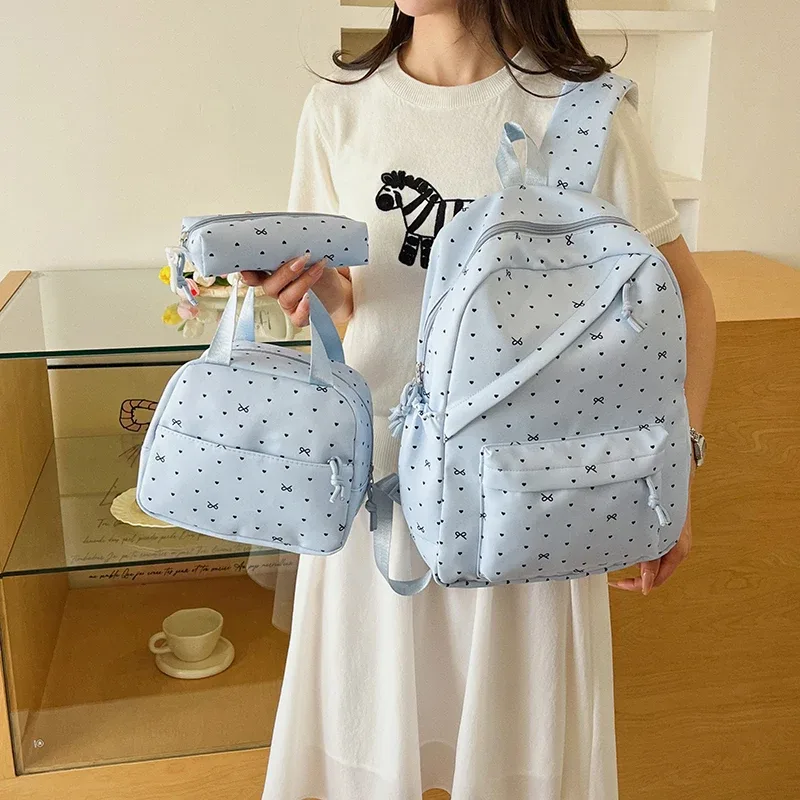sac à dos en nylon à pois avec boîte à lunch et trousse à crayons, ensemble de sacs à livres pour étudiants, grande capacité pour adolescentes, filles et femmes, 3 pièces