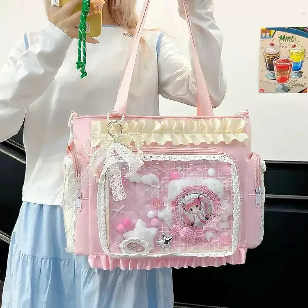 y2k nouveau sac à bandoulière doux ita lolita fille sac à bandoulière transparent femmes grande capacité sac fourre-tout en dentelle mignon bricolage affichage sac à main