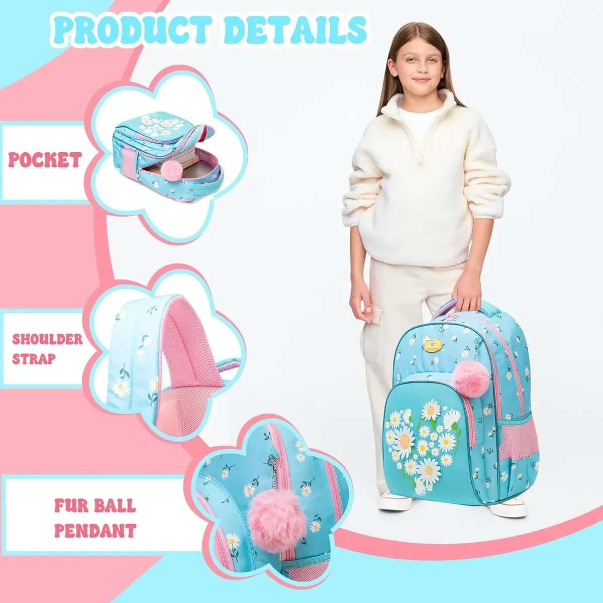 3 pièces sac à dos pour enfants fleur filles bookbag ensemble avec boîte à déjeuner primaire collège sac à dos pour voyage retour à l'école approvisionnement