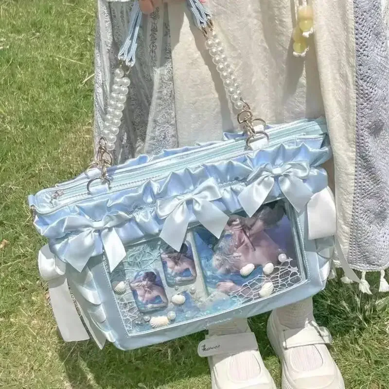 Nouveau sac bandoulière Y2K avec nœud en ruban, sac à bandoulière transparent grande capacité pour jeunes filles, sac à main DIY, sac fourre-tout en satin pour femme