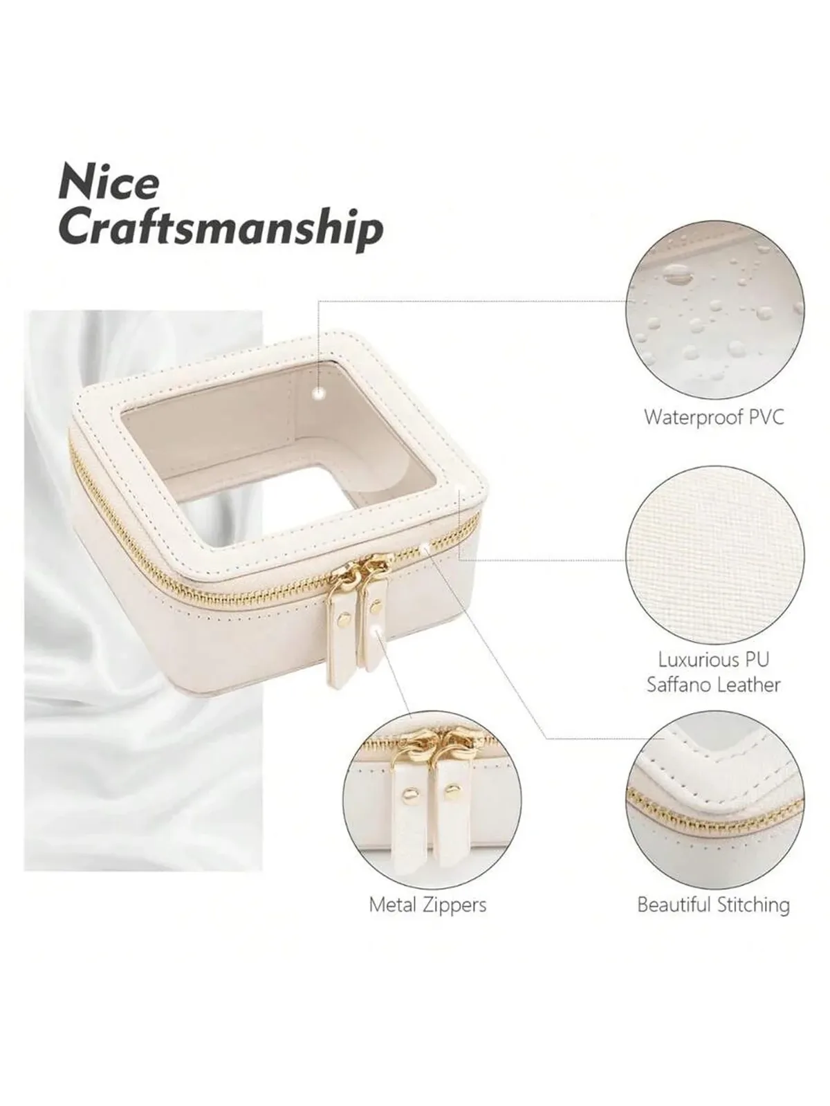 mini trousse de maquillage transparente en similicuir vegan saffiano avec fenêtre visible, petite et mignonne, pour ranger rouges à lèvres et cosmétiques, idéale pour sac à main ou pochette.
