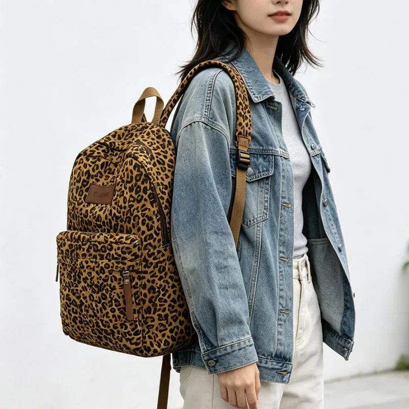 sac à dos coréen rétro à imprimé léopard, grande capacité, léger, pour voyage, école, mode, décontracté, sac à dos pour ordinateur portable