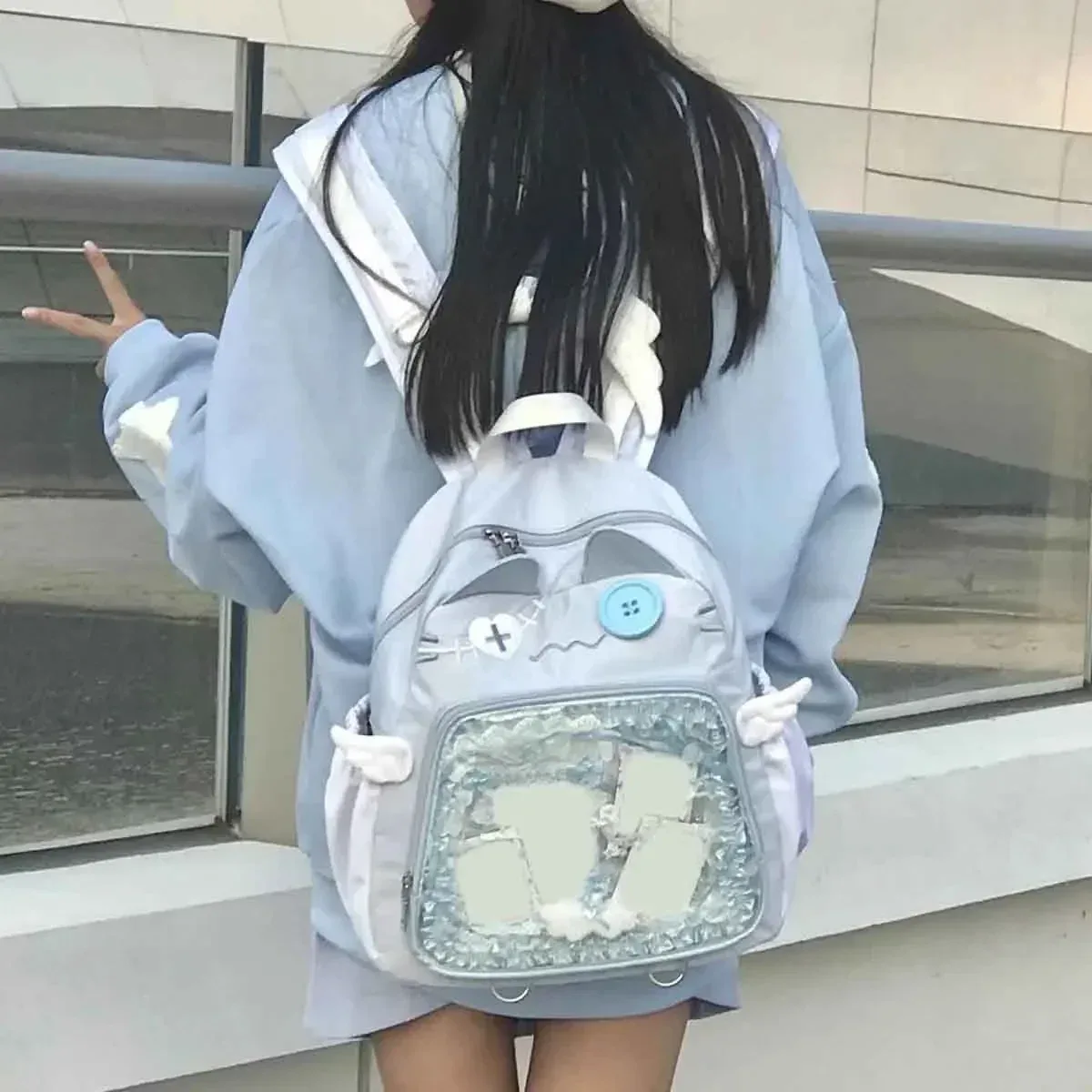 sac à dos chat mignon pour femme, sac ita transparent, sacs à dos esthétiques féminins, nylon, style japonais, mode décontractée, grande capacité