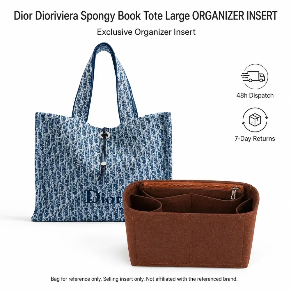organisateur de sac à main en feutre marron avec poche zippée, doublure multi-compartiments pour sac fourre-tout, pour le travail, les voyages, le rangement (sac non inclus)